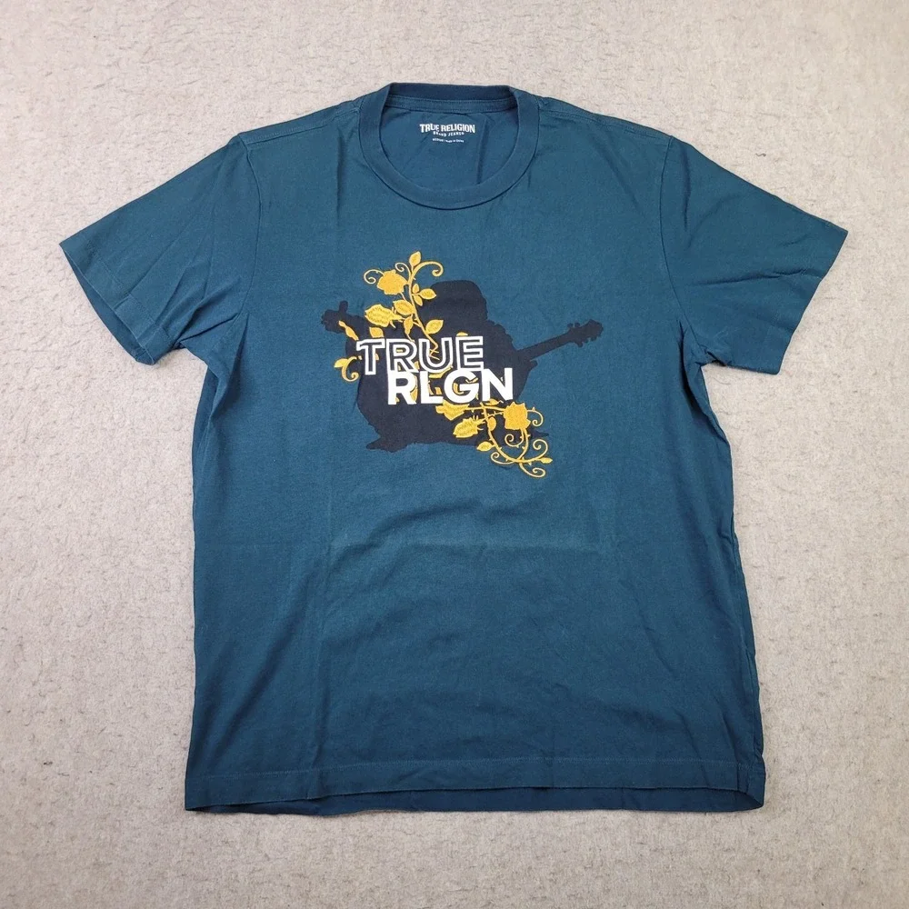 True Religion‎ T Shirt Mens Medium Blue Short Sleeve Crew Neck Band Graphic